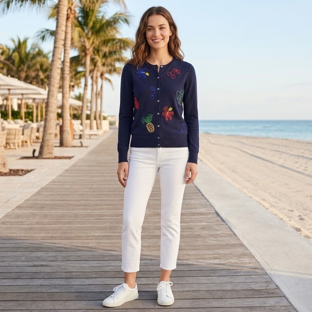 Preppy Whimsical Fruit Embroidered Novelty Cardigan J Crew Navy Blue M